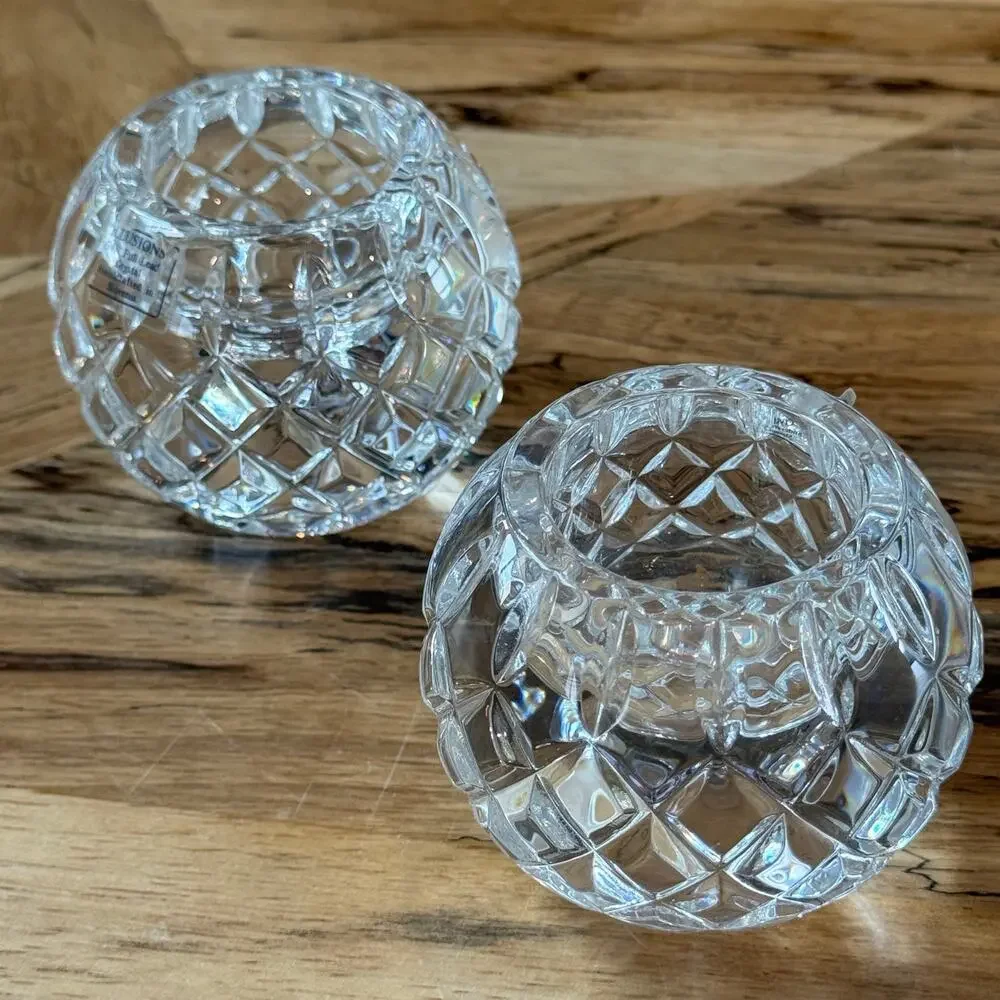 Pair VTG Illusions Samobor 24% Lead Crystal Votive Candle Holder Rose Bowl Set 2